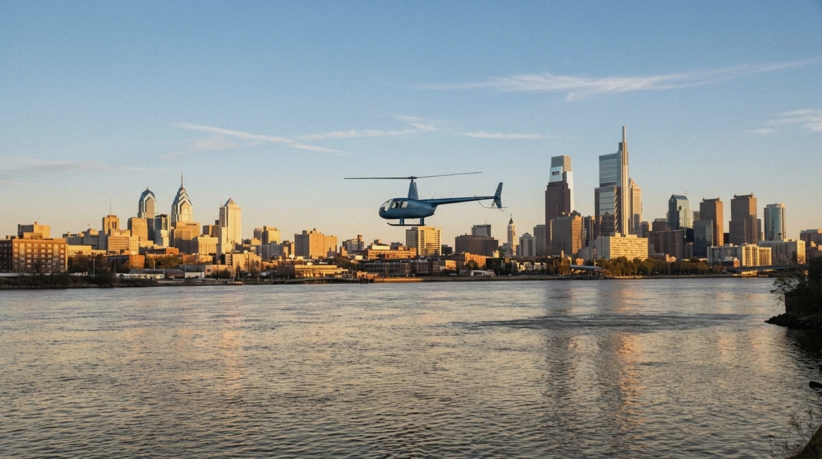 Clear crisp autumn sky over the Philadelphia skyline, the best time for a philadelphia helicopter tour with maximum visibility