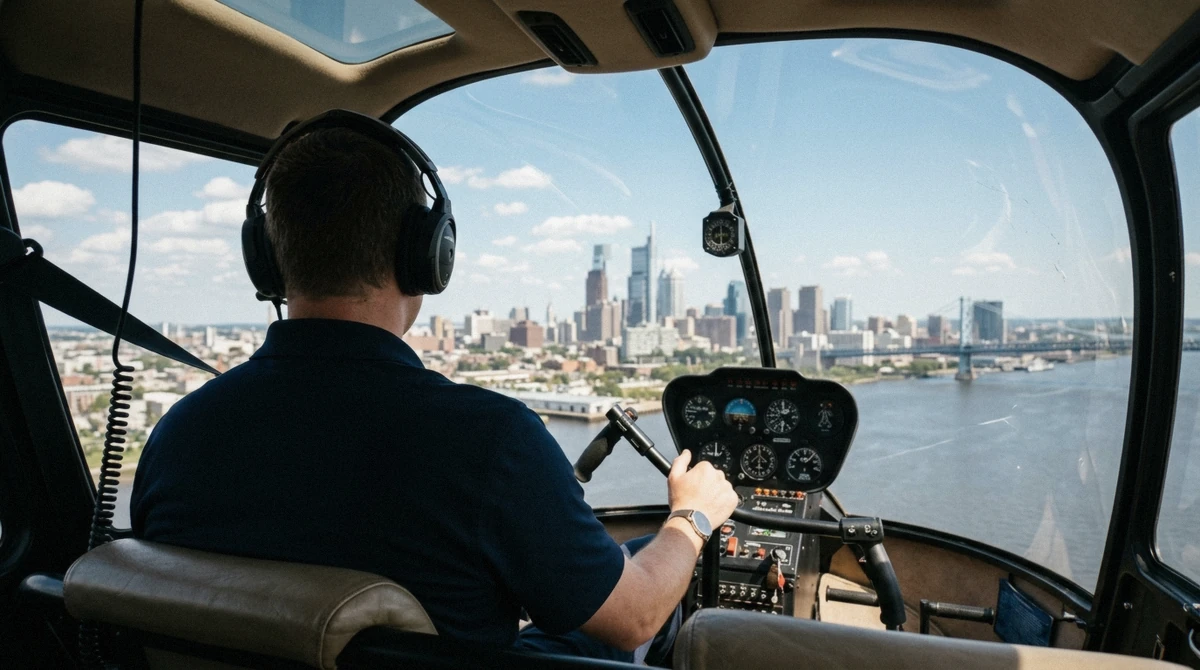 View from inside the helicopter cabin during a philadelphia helicopter tour showing the Delaware River below