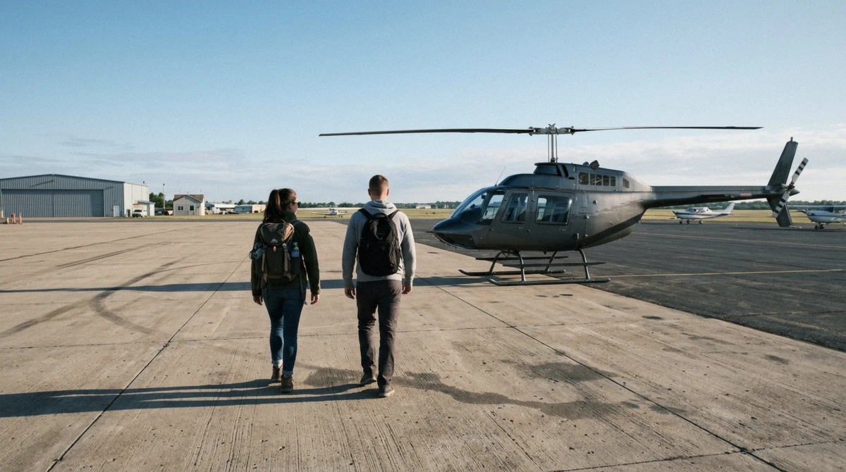 A first-time passenger walking toward the helicopter on the tarmac before a philadelphia helicopter tour departure at Northeast Philadelphia Airport
