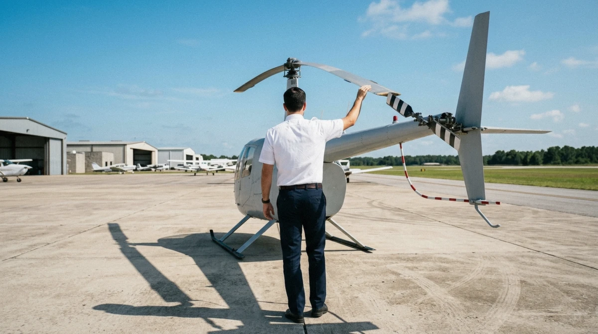 Pilot performing a pre-flight inspection before a philadelphia helicopter tour at Northeast Philadelphia Airport on a clear morning