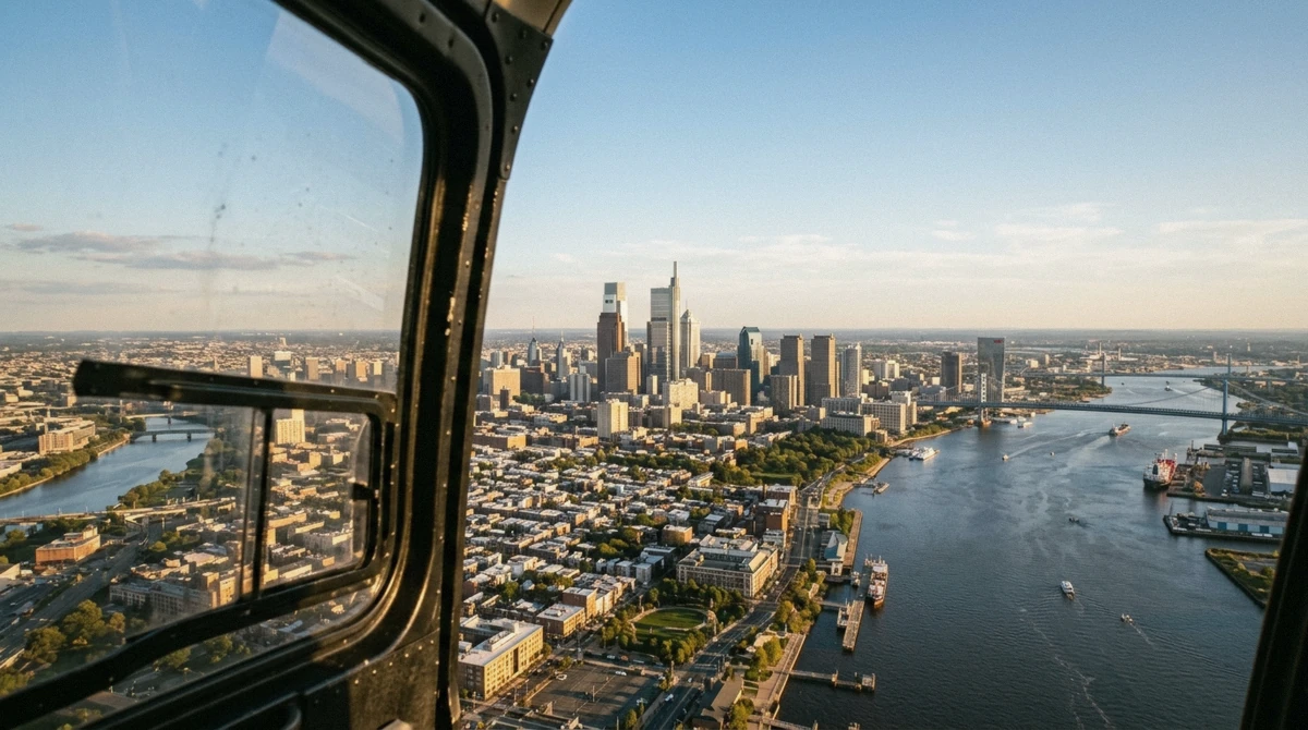 Passengers boarding a small helicopter before takeoff on a philadelphia helicopter tour at Northeast Philadelphia Airport